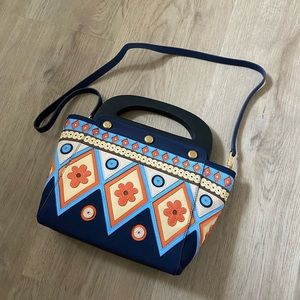Tory Burch Women's Floral Navy Suede Bermuda Handbag with Detachable Strap